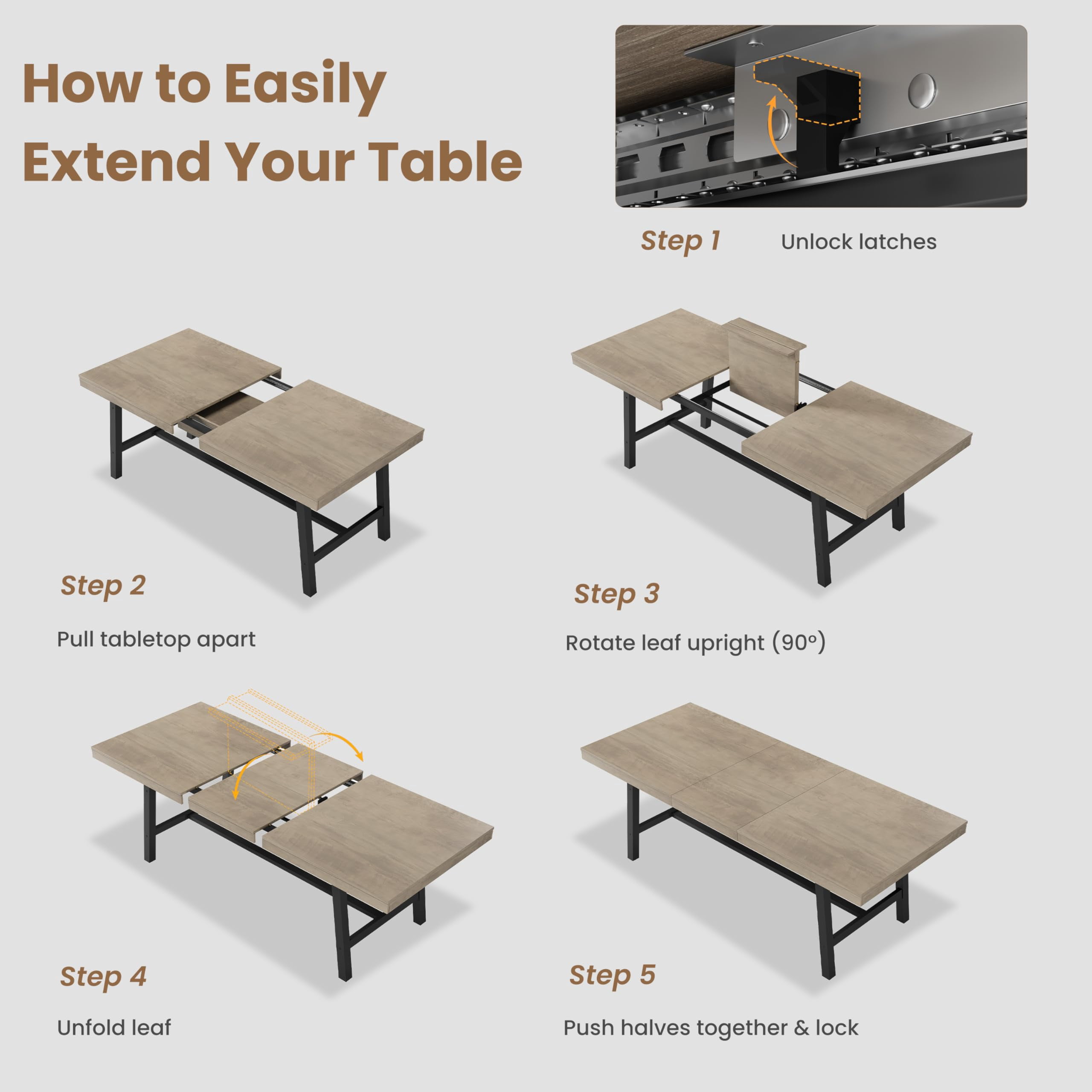 63"-83" Extendable Industrial Dining Table - Seats 6-8 - Expandable Rectangular Kitchen Table with Metal Frame for Parties-Gray