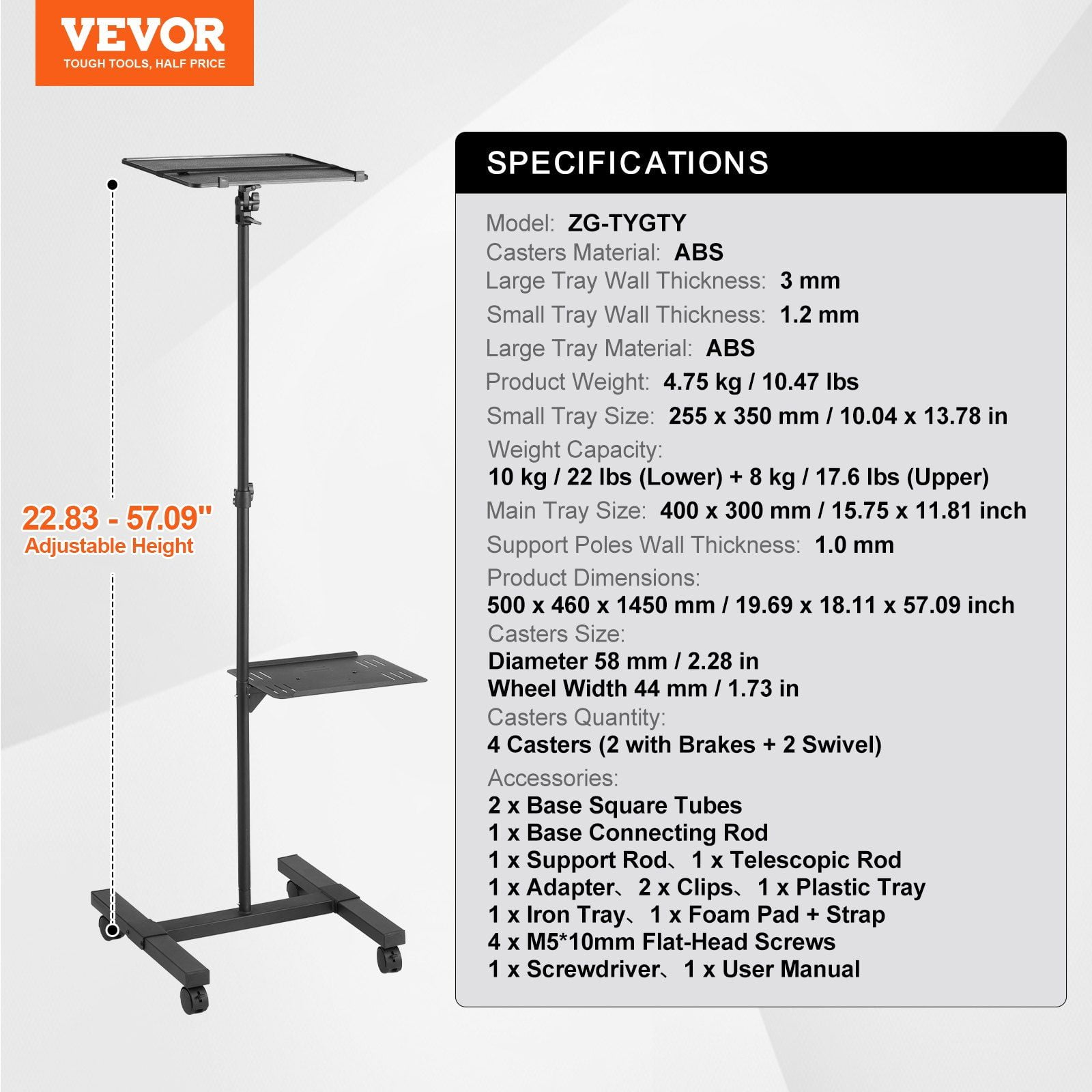 Adjustable Height Projector Floor Stand (22.8"-57.3") w/Tray & Wheels, Heavy Duty 88lbs, for Outdoor Movies, Office, Stage, DJ Equipment – Black