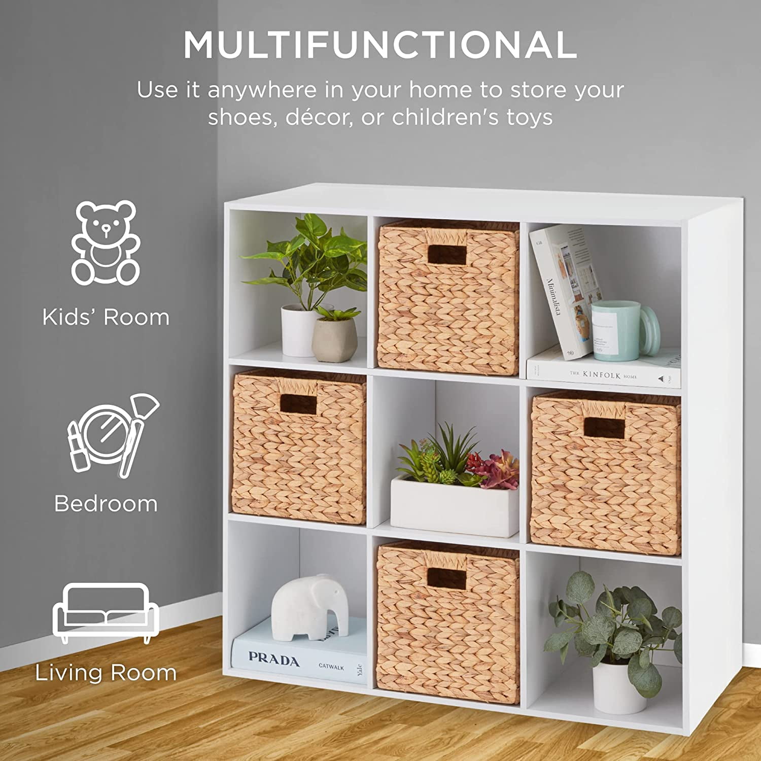 WBTER 9-Cube Storage Organizer, 11in Shelf Opening, Bookcase, Display Shelf, Customizable w/ 3 Removable Back Panels - White