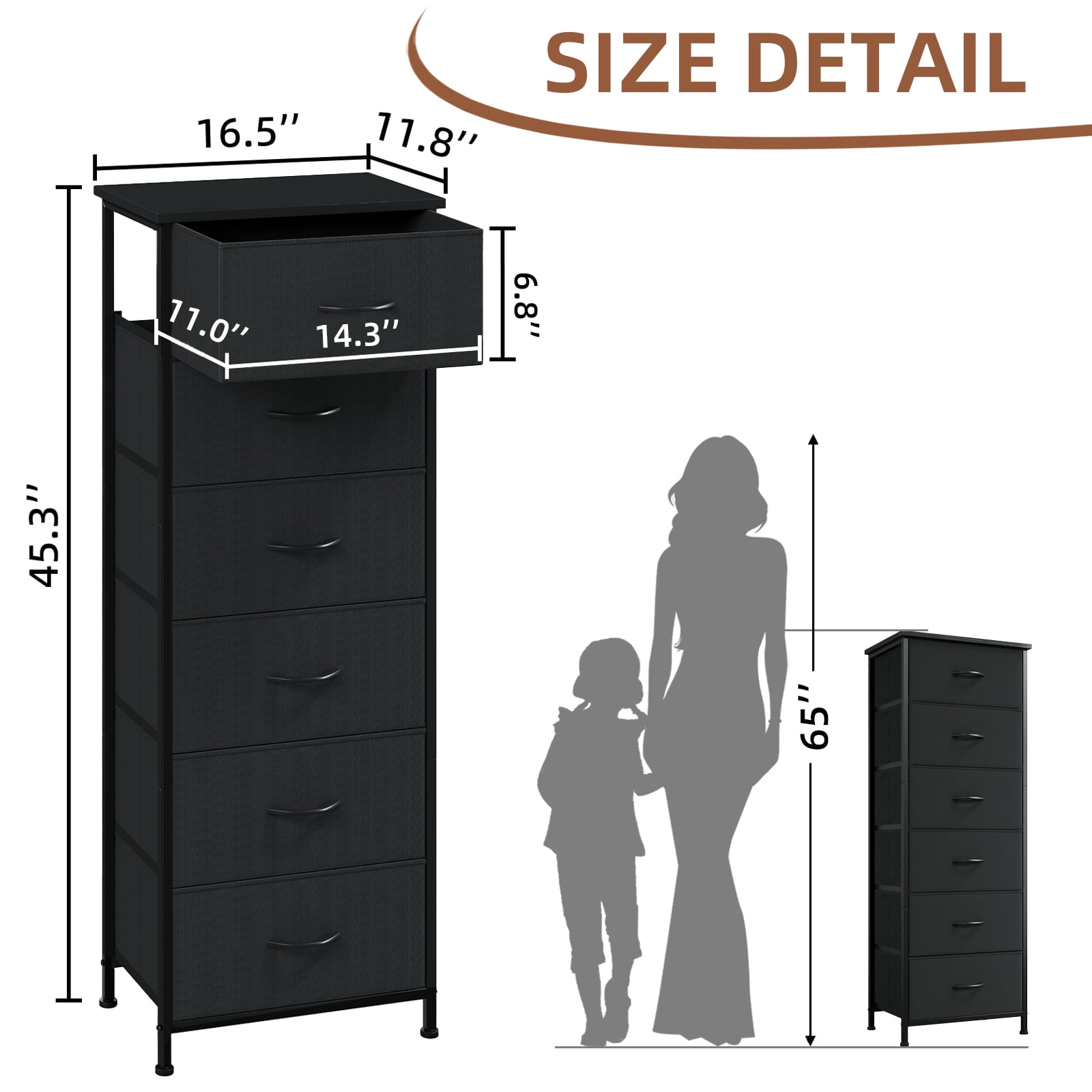 Eunos 6 Black Dresser with Fabric Chest of Drawers, Tall Nightstand  for Bedroom Living Room