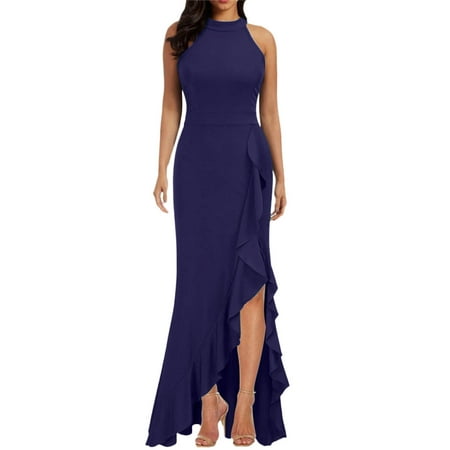 Icvfdpl Women s Elegant Dresses Split Sleeveless Slim Fit Ruffle Long Formal Party Evening Dress