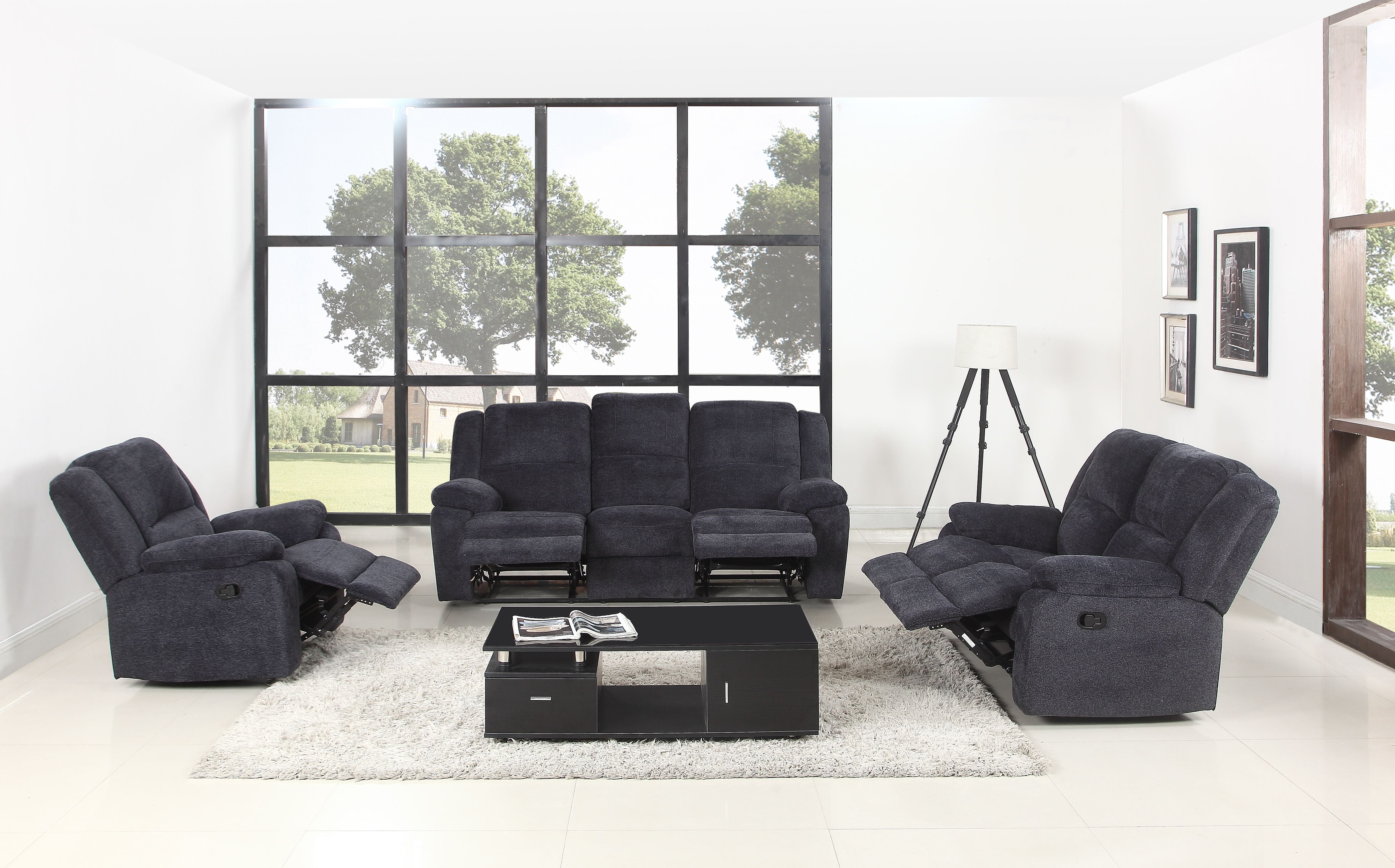 3 Piece Microfiber Recliner Living Room Set In Dark Grey