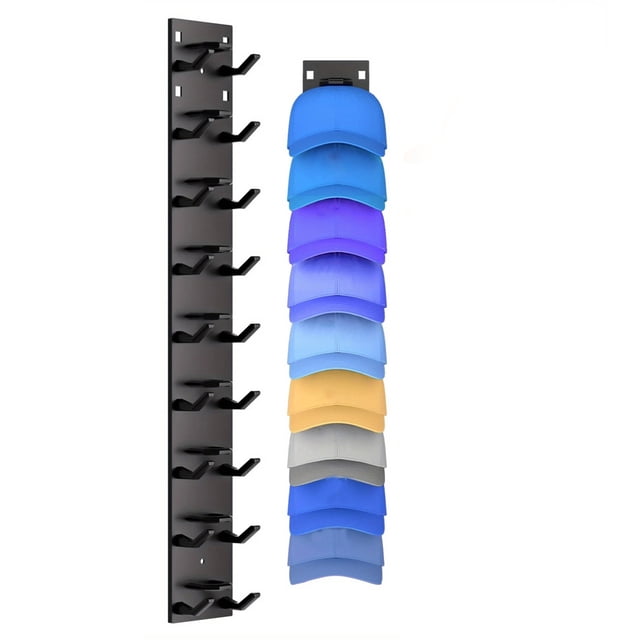 TopLLC Baseball Cap Storage Rack, a wall-mounted multi-tier cap rack made of durable plastic, featuring a strong adhesive backing for secure installation. The rack is shown holding multiple caps in various colors, organized vertically on individual hooks. Ideal for organizing hats in closets, dorms, or home offices.