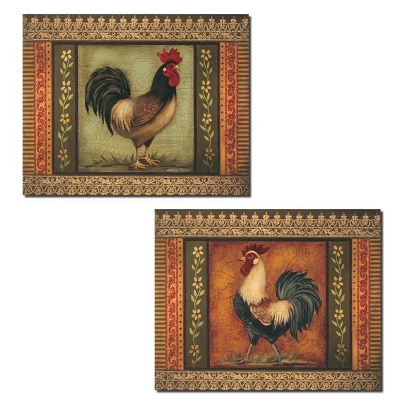 Brown and Green Country Rustic Rooster Adult Kitchen Decor; 2- 14" x 11" Unframed Prints