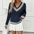 thumbnail image 2 of Preppy Pullover Sweater for Women V Neck Jumper Cropped Stripe Sweaters Casual Long Sleeve Outfits Fall Comfy Clothes Trendy Layered Shirts Tight-Fitting Fashion Tops, 2 of 7