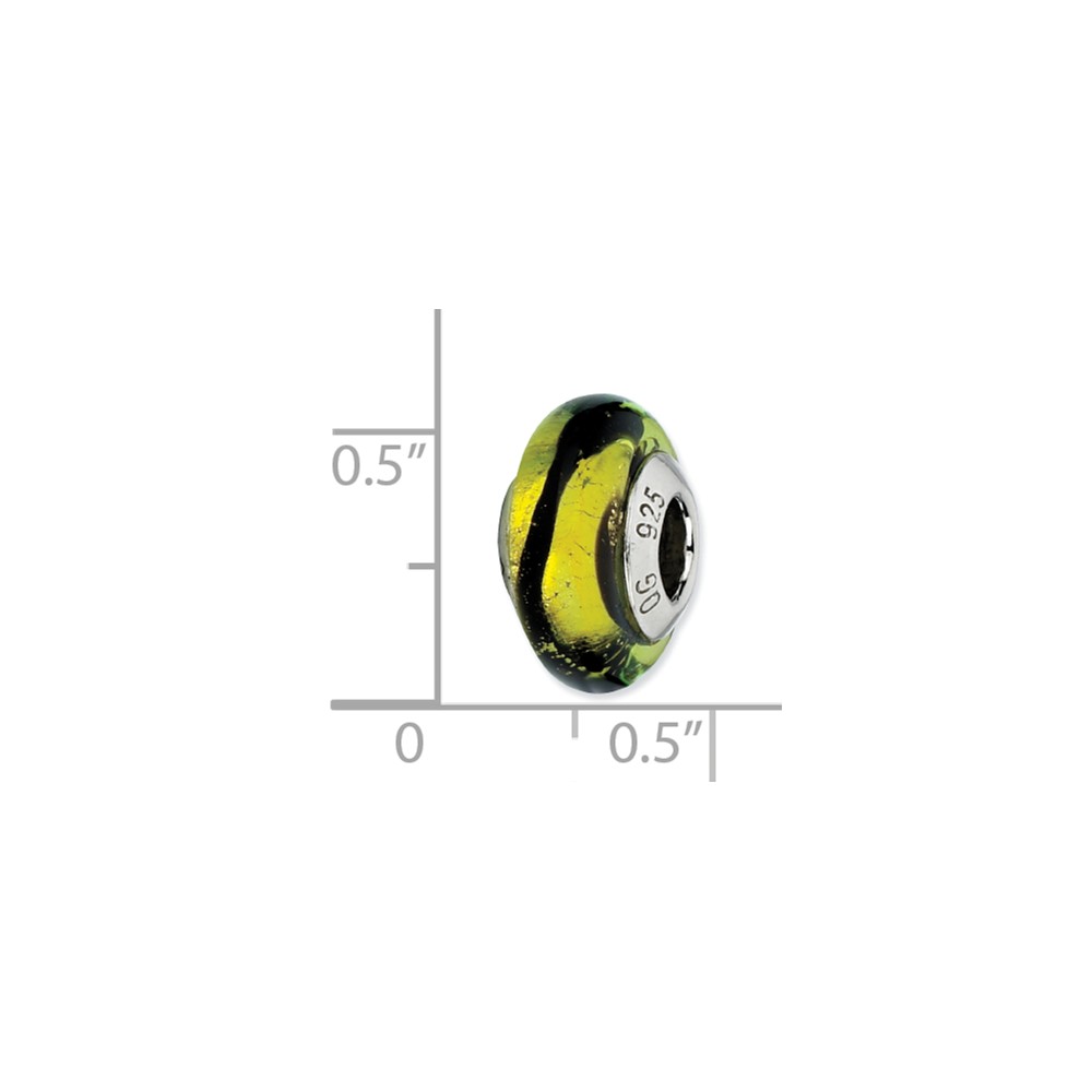 Fancy Bead White Sterling Silver Glass 13.64 mm 7.27 Reflections Lime Black Stripes Italian Murano Bead