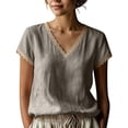 thumbnail image 2 of Yteetum Women's Summer Linen Tops Short Sleeve V Neck Lace Trim Shirts Women Casual Solid Loose Lightweight Comfy Vacation Boho T Shirts, 2 of 6