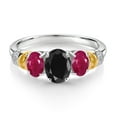 thumbnail image 2 of Gem Stone King 925 Sterling Silver and 10K Yellow Gold Oval Black Sapphire Red Ruby and White Diamond 3 Stone Ring for Women (2.89 Cttw, Gemstone September Birthstone, Size 6), 2 of 3