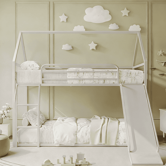 ZAMSLVRH Cast Iron Twin-Over-Twin Bunk Bed with Slide, Heavy-Duty Loft Frame with Ladder & Guardrail, Ultra-Stable Low-Profile Metal Design for Bedroom or Dormitory, White