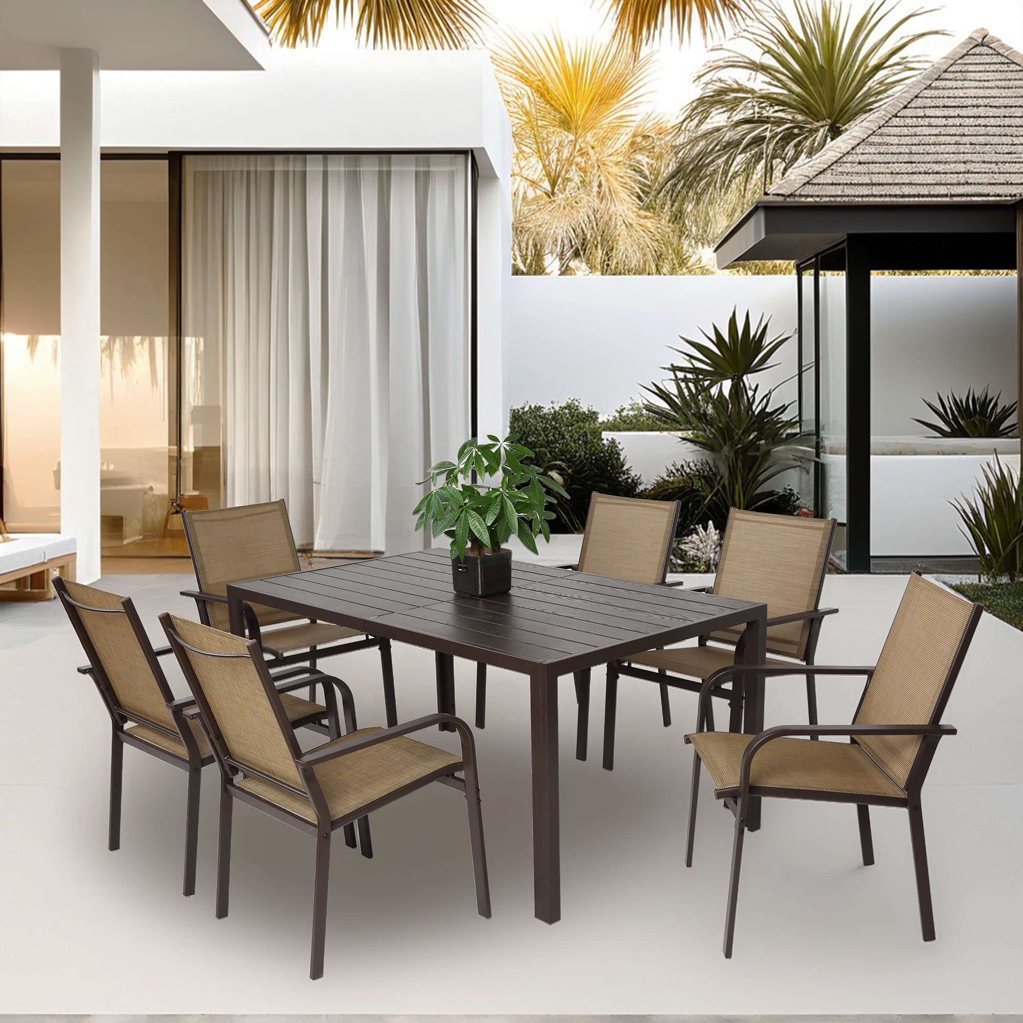 Enyopro 7 Pieces Patio Dining Set, Outdoor Furniture with Rectangular Table & 6 Stackable Textilene Chairs, Weatherproof Steel Frame for Garden Backyard Deck Porch, Brown