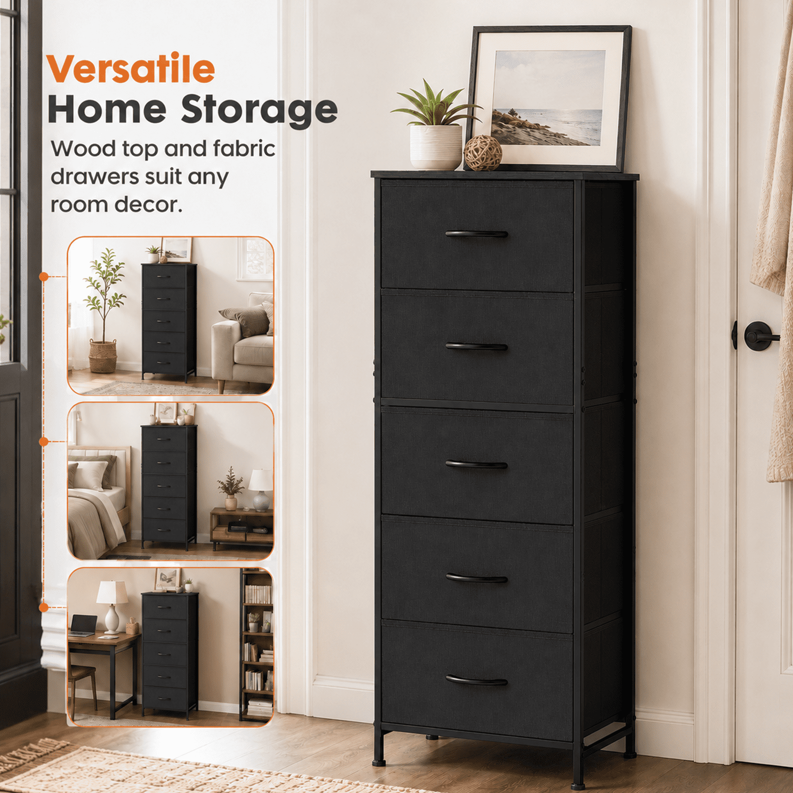 Alvantor Tall Dresser for Bedroom with 5 Drawers, Vertical End Table and Nightstand for Bedroom, Storage Organizer Chest of Drawers with Removable Fabric Bins