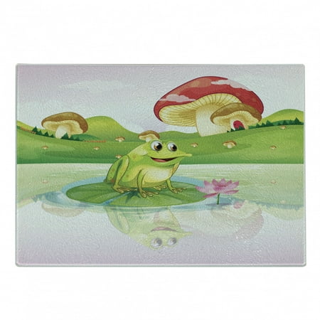 

Animal Cutting Board Illustration of Frog on Water Lily with Mushrooms on the Background Nature Lake Decorative Tempered Glass Cutting and Serving Board Small Size Multicolor by Ambesonne