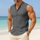 thumbnail image 5 of Top de Hombro Frío Camisa de Lino de los Hombres sin Mangas Cuello Redondo Color Sólido Botón Básico Delantero Top de Vacaciones Casual, 5 of 6