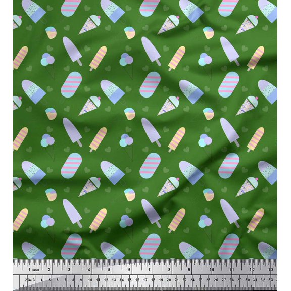 Soimoi Green Velvet Fabric Heart & Ice Cream Food Decor Fabric Printed Yard 58 Inch Wide