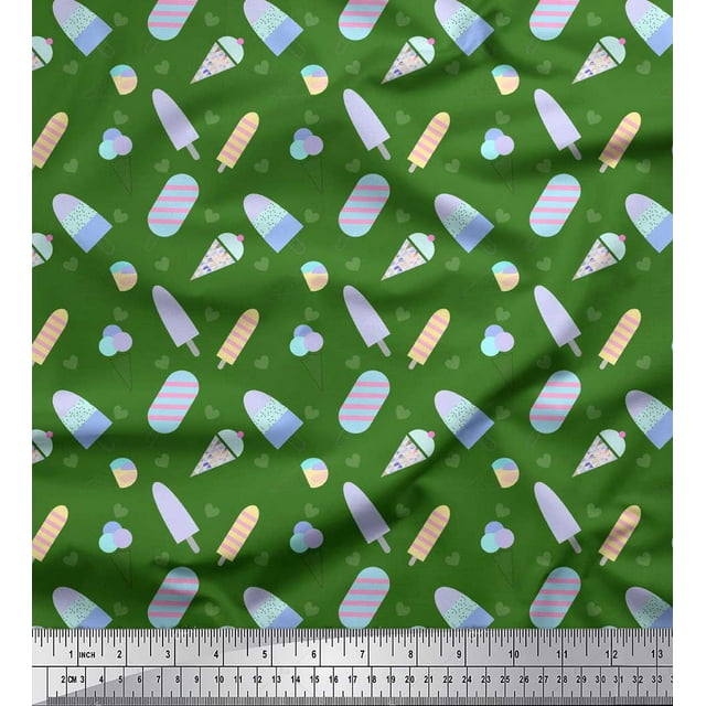 Soimoi Green Poly Georgette Fabric Heart & Ice Cream Food Print Fabric by Yard 52 Inch Wide