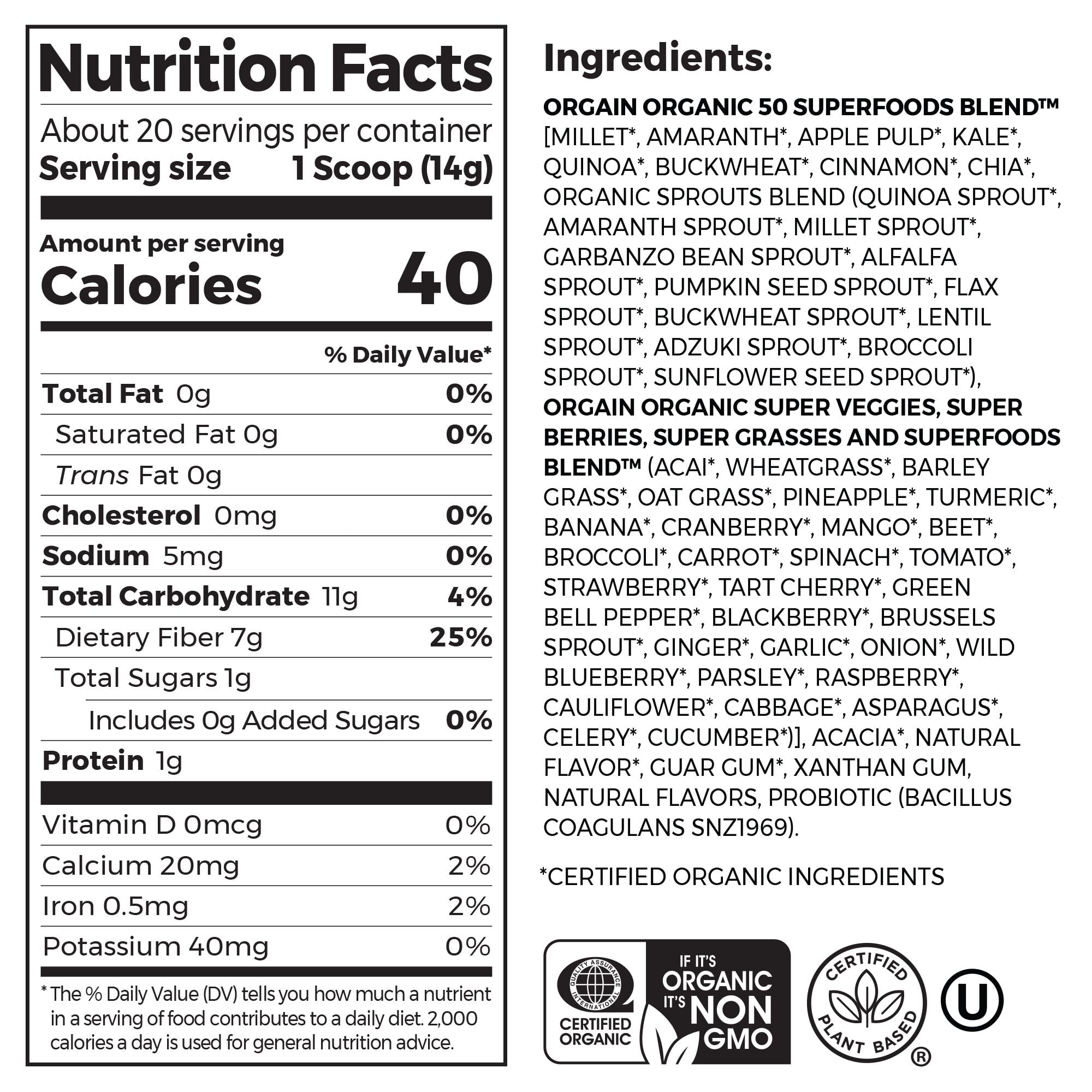 Orgain Vegan Organic Greens & 50 Superfoods Powder- 1B Probiotics, Original Flavor, 0.62lb