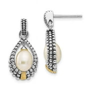 Cultured Freshwater Pearl Drop Earrings in Antique Sterling Silver with 14K Gold Accents