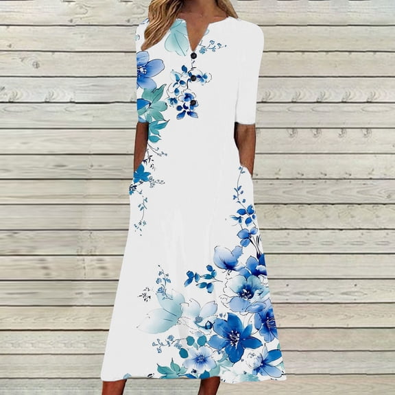 Uscallm Women Plus Size Summer V Neck 3/4 Sleeve Floral Boho A Line Midi Dresses Button Down Swing Casual Vacation Beach Party Sundresses, Multicolor M