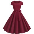 thumbnail image 4 of QLEICOM 1950's Dresses for Women Vintage, Gothic Square Neck Short Sleeve Dress, Formal Stretch Slim High Waist Swing Dress, Solid Bow Belt Audrey Hepburn Style Party Dress Wine M, 4 of 4