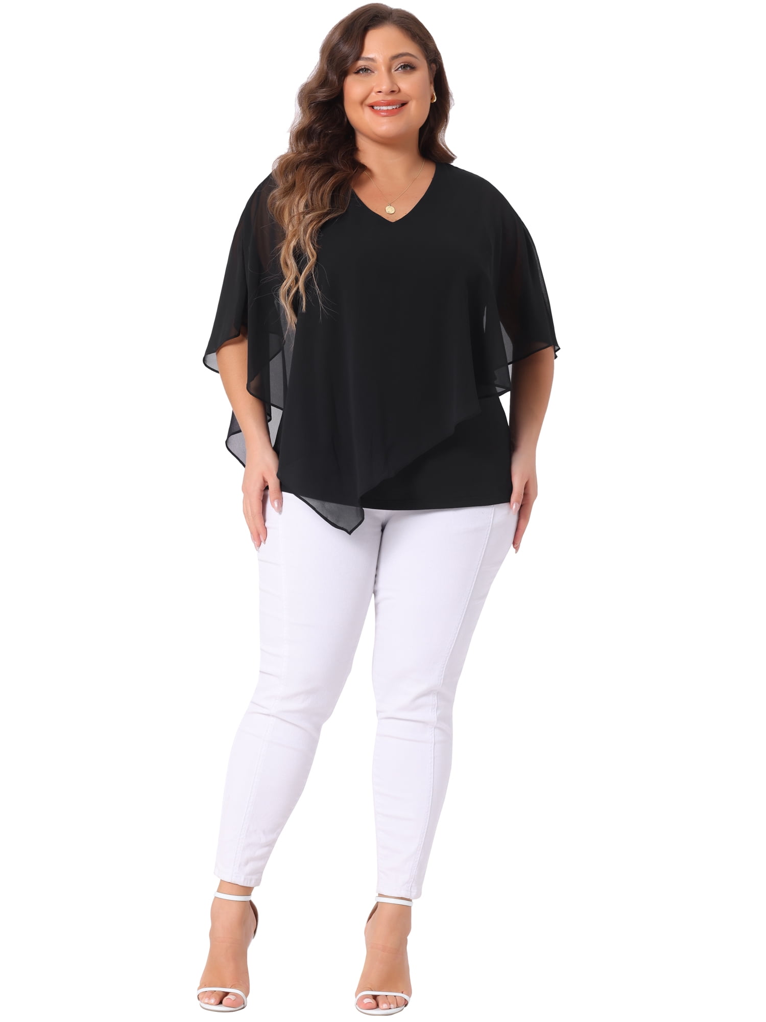 DARING DIVA Women's Plus V Neck Flowy Double Layered Chiffon Blouse 4X Black