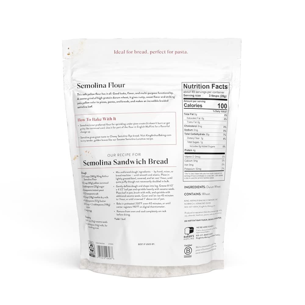 King Arthur Semolina Flour, Coarse Ground, High Protein Durum Wheat, Kosher, 3lbs,White