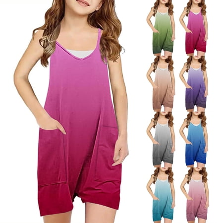 Jinhomg Fashion Jumpsuits for Girls 2025 Fancy Gradient Color Bib Overalls Lightweight Comfy Spaghetti Straps V-Neck Casual Summer Romper with Pockets Clearance Items for Kid Light Blue 5 Years