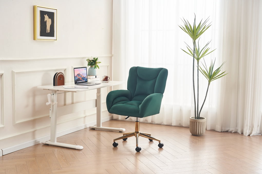 Velvet Office Desk Chair with Gold Metal Base, 360 Degree Swivel Upholstered Vanity Chairs with Arms, Modern Swivel Rolling Chair for Living Room Bedroom, Green