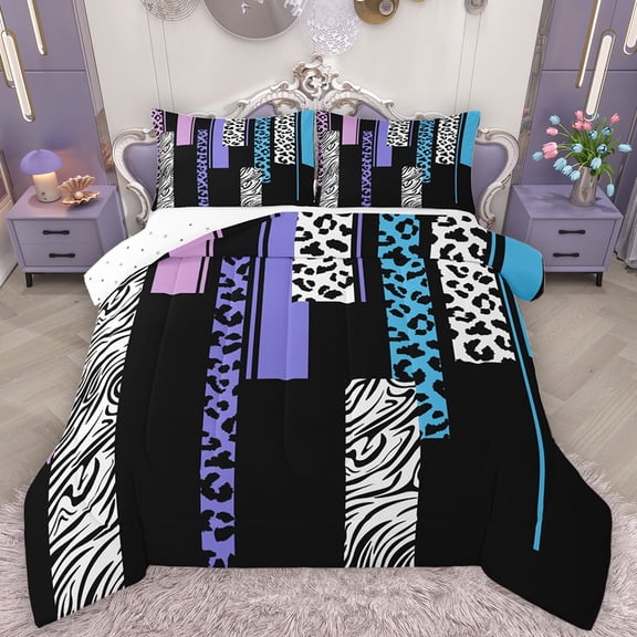 Castle Fairy Boys Girls Animal Zebra Leopard Print Bedding Comforter Set 2pcs,Abstract Geometric Rectangle Stripes Twin Comforter Sets Microfiber,Black Blue Purple Breathable Bedding Set