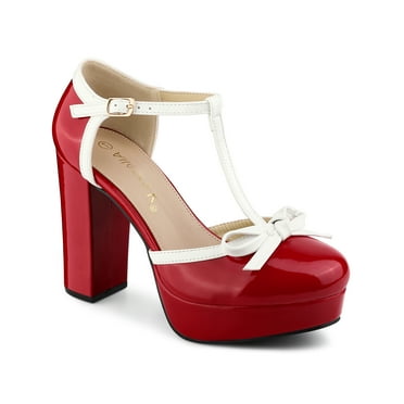 BLISSFUL STEP Women's Platform T Strap Bow Vintage Block Heels Pumps Red 6