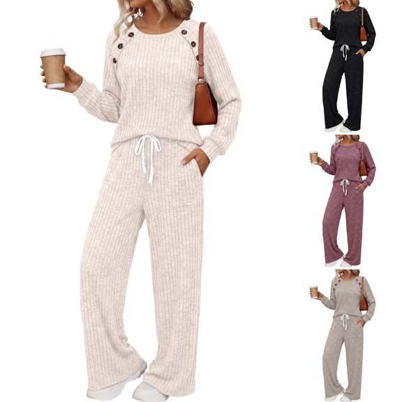 WULMLEO Women's Two Piece Sets Fall Button Decorative Crew Neck Long Sleeve Tops Wide Leg Palazzo Pants Tracksuit Casual Loose Fit Outfits 2026 Sweater Sets Beige S
