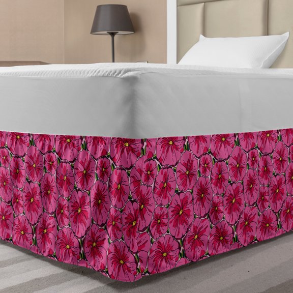 Floral Bed Skirt, Meadow Blooms Poppy Petals Opening Spring Leaves Inspirational Season Pattern, Elastic Bedskirt Dust Ruffle Wrap Around for Bedding Decor, 4 Sizes, Magenta Mustard, by Ambesonne