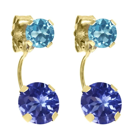 Gem Stone King 2.46 Cttw Round Blue Tanzanite and Swiss Blue Topaz 14K Yellow Gold Earrings for Women | Gemstone Birthstone | Round 6MM and 4MM