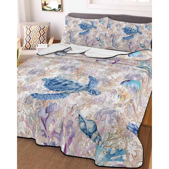 Sea Turtle Full Size Down Alternative Comforter, Lightweight Comforter Quilt Bedding Set with Pillow Shams Summer Coastal Nautical Coral Seahorse All Seasons Bed Comforter Duvet Insert 78"x90"