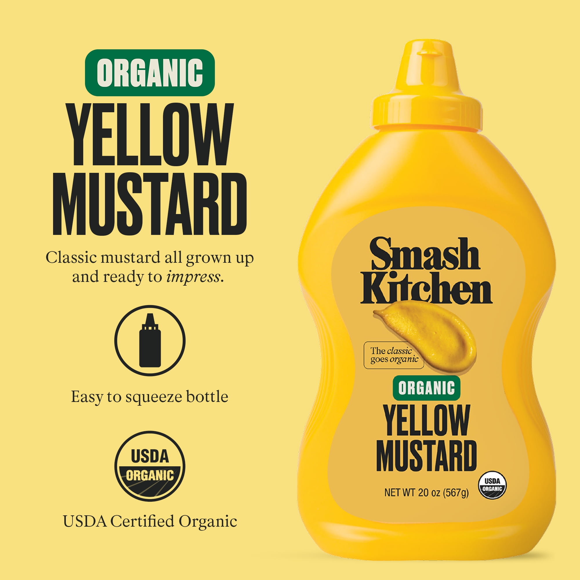 (12 pack) Smash Kitchen Organic Yellow Mustard, 20 oz Bottle
