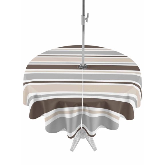 Outdoor Tablecloth with Umbrella Hole for Patio/Picnic/Party/Camping, Khaki Grey Striped Waterproof Table Cloth Round Cover Washable, Farmhouse Stripes Modern Abstract Art (Dia 54")