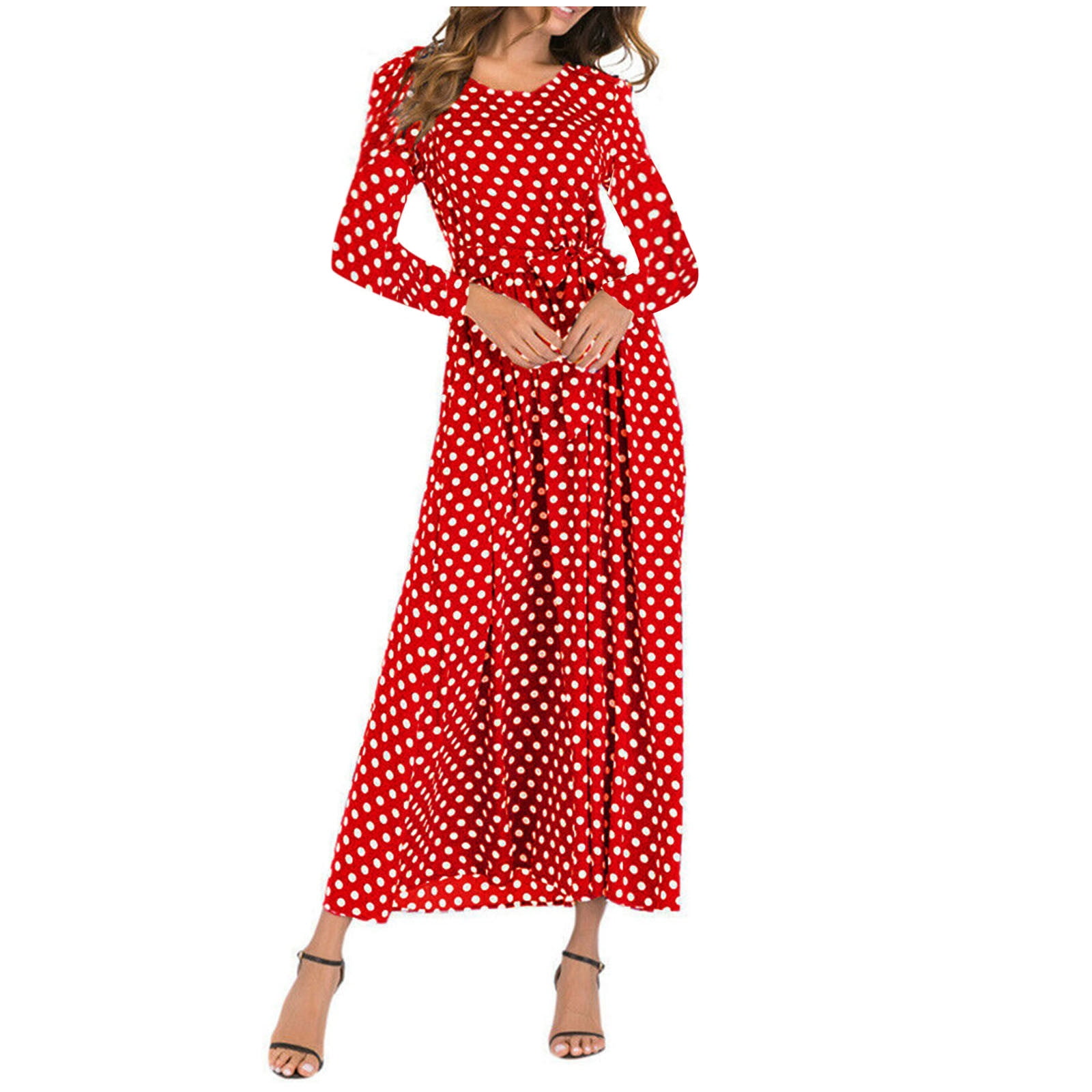 Blvb Women s Long Sleeve Crewneck Polka Dot Maxi Dress Casual Loose Bowknot Belted High Waist Long Dress Flowy Party Dress Red