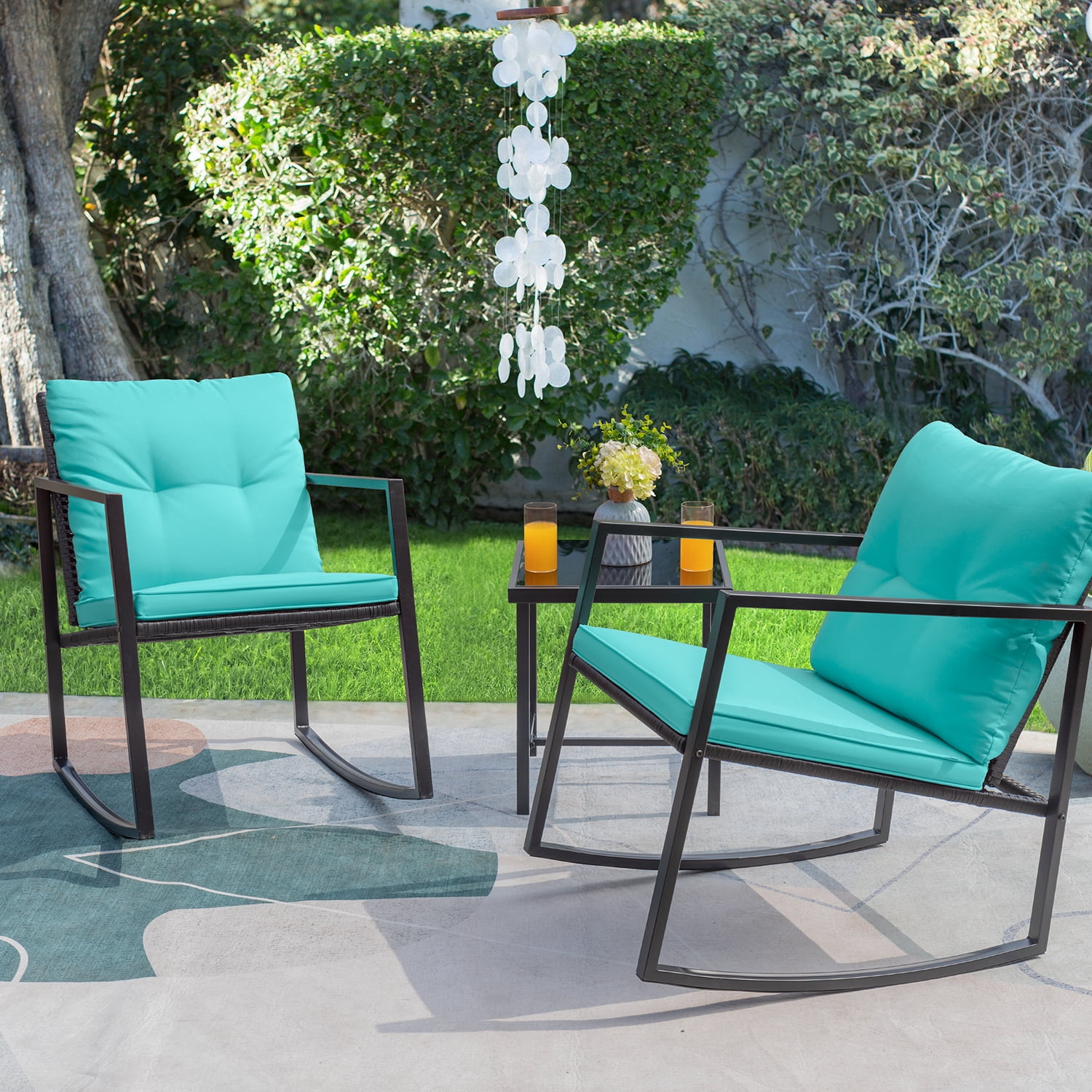 Turquoise Furnivilla 3 Piece Patio Furniture Set Bistro Patio Rocking Set,Outdoor Furniture Porch Chairs Conversation Sets with Coffee Table,Curshion,Back Curshion 