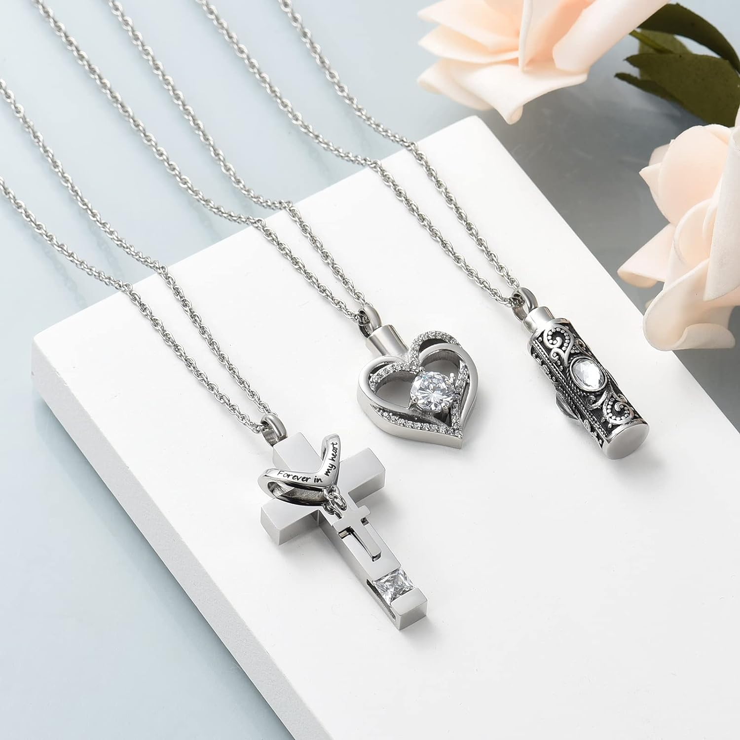 3 Pack Urn Necklace for Ashes for Women Gilrs Heart Cross Cylinder Cremation Jewelry for Ashes Memorial Keepsake Birthstone Pendant