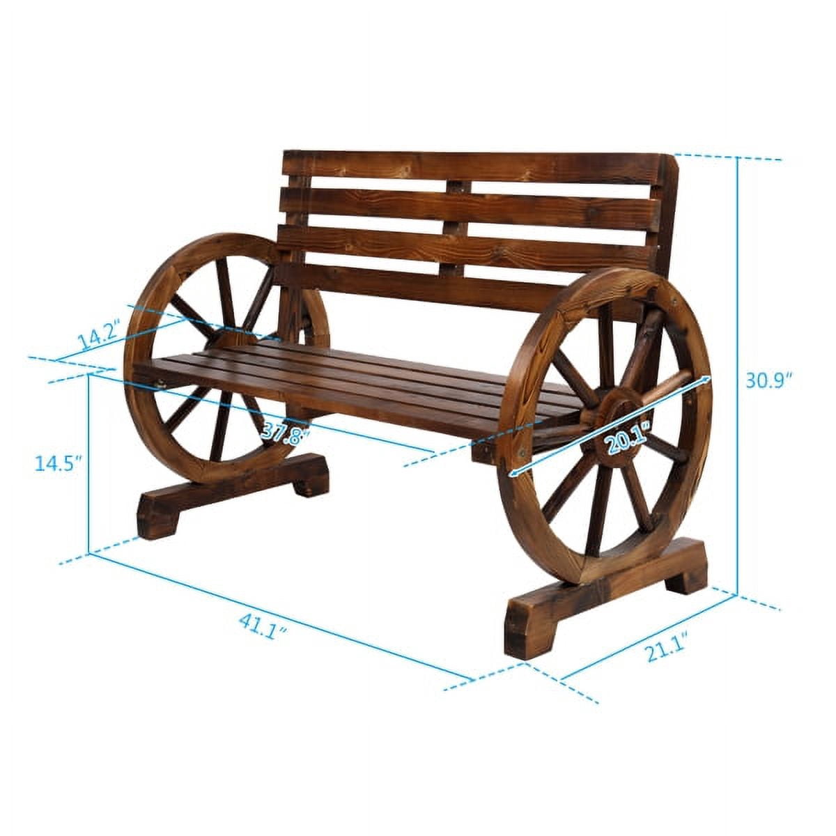 Rustic 2-Person Wooden Wagon Wheel Bench with Slatted Seat and Backrest for Patio Garden, Brown