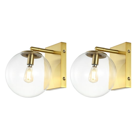 SAFAVIEH Seoul LED Brass Gold Iron Wall Sconce with Clear Shade, Set of 2