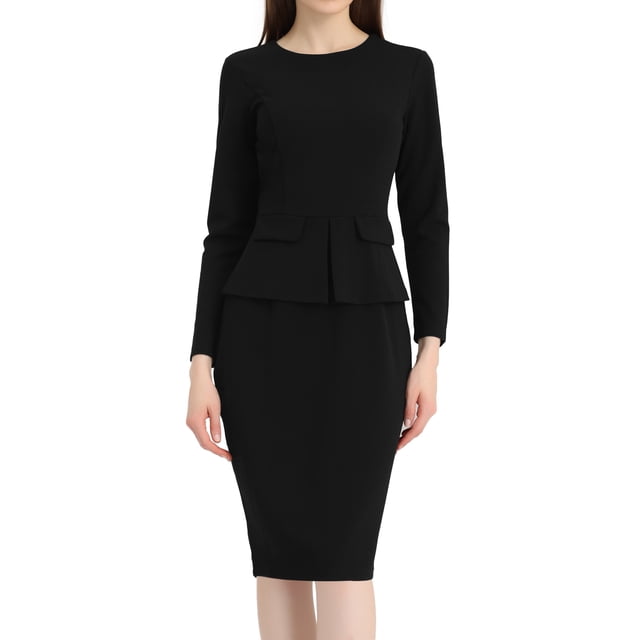Robes Moulantes pour Femmes Col Rond Manches Longues Tenues Décontractées de Travail Robe Fourreau à Basque m Noir