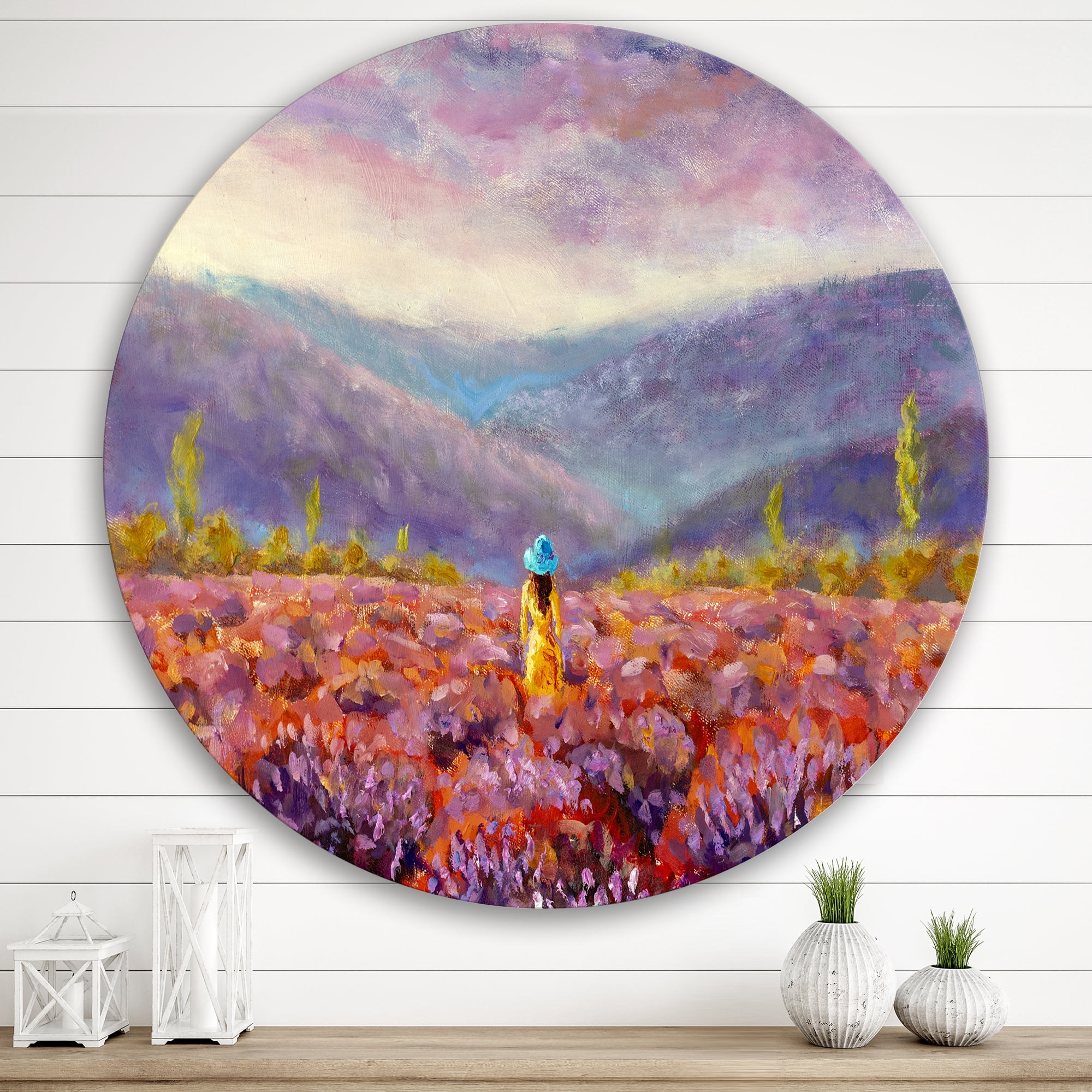 Designart 'Girl In Yellow Dress & Hat Walking Through Fields' Traditional Circle Metal Wall Art 36x36 - Disc of 36