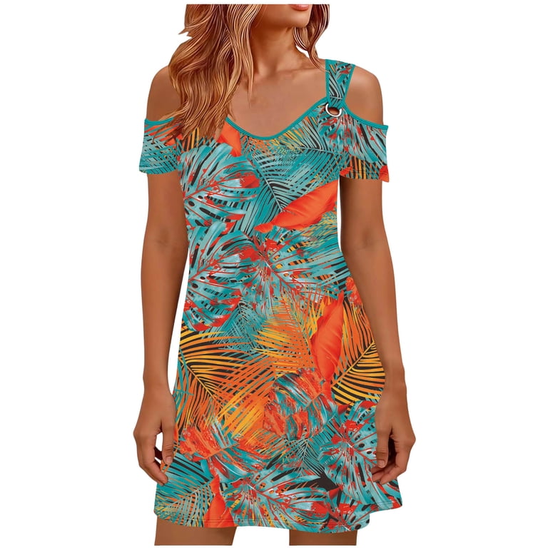 Ladies' Summer Dress Fashion Printed Strap Beach Skirt Off Shoulder Short Sleeve V-neck Short Dress