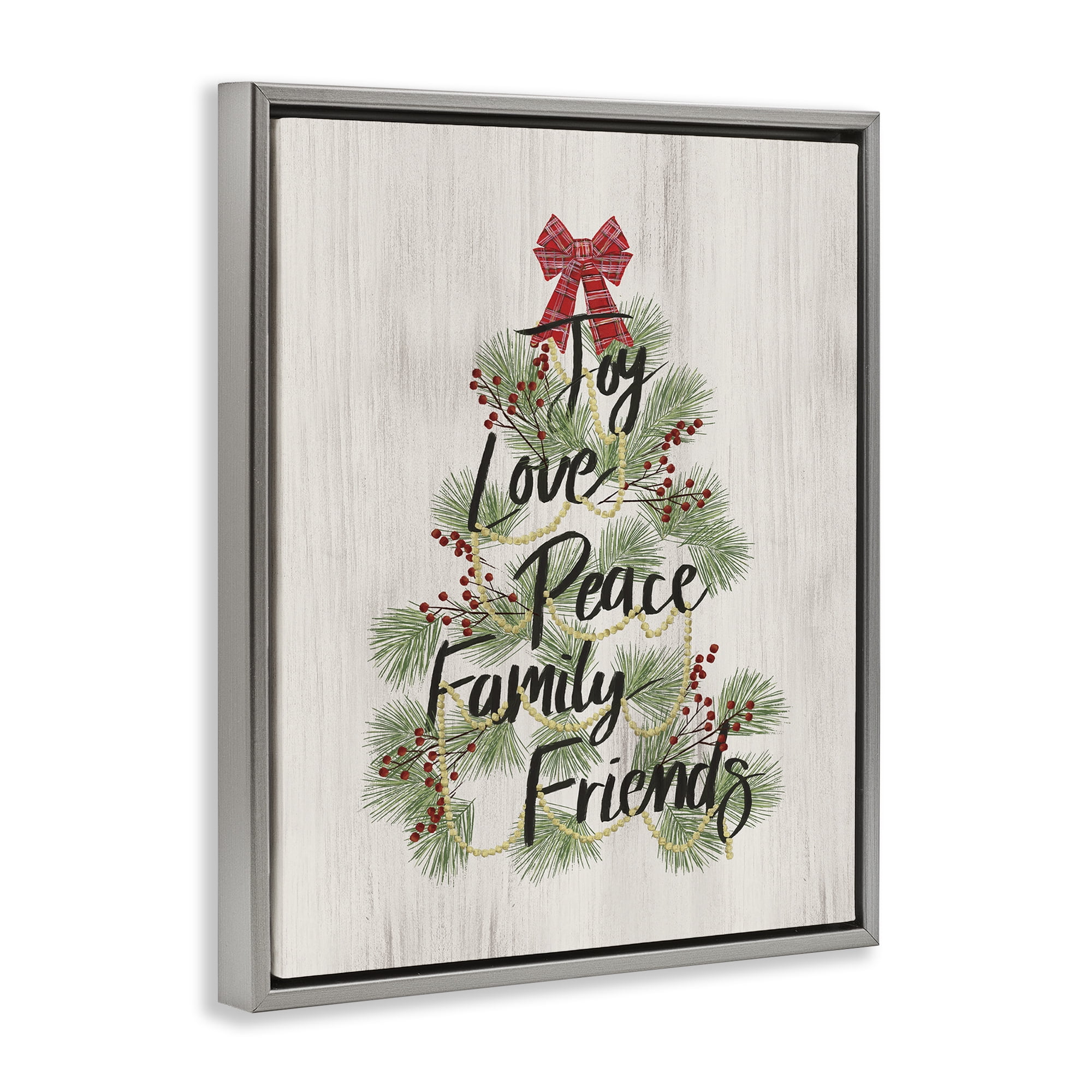 Stupell Industries Family Friends Christmas Tree Holiday Painting Gray Floater Framed Canvas Art Prints Wall Art, 17 x 21
