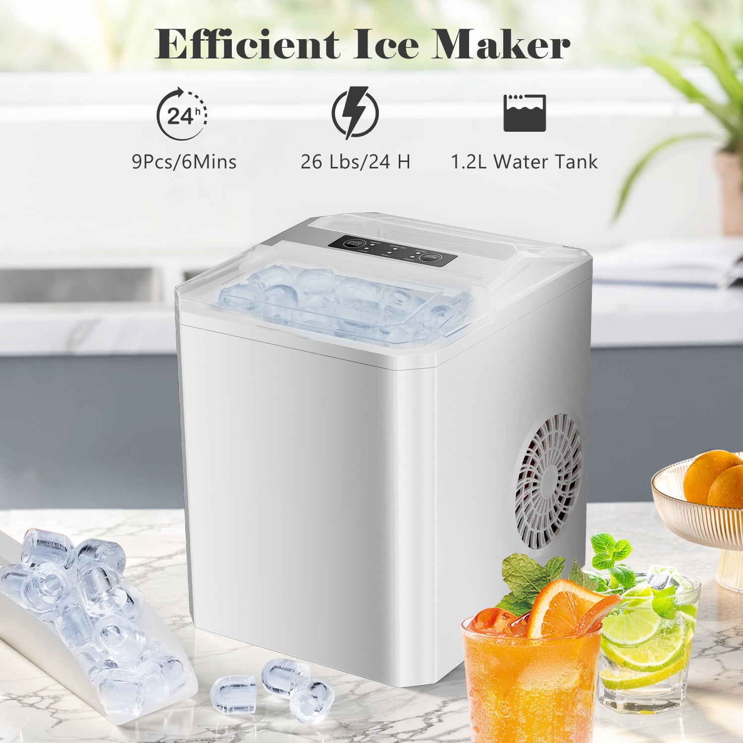 Beddle Portable Countertop Ice Maker with Self-Cleaning, 9 Cubes in 6 Mins, 26 lbs/24 Hrs,For Home Camping,White