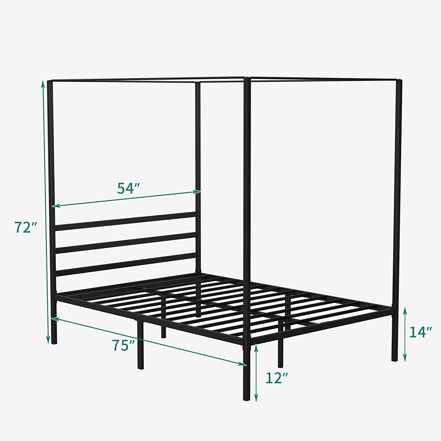 Dextrus Metal Canopy Bed Frame 14 Inch Platform Four Posters Bed with Built-in Headboard Strong Metal Slat Mattress Support, No Box Spring Needed, Black, Full Size
