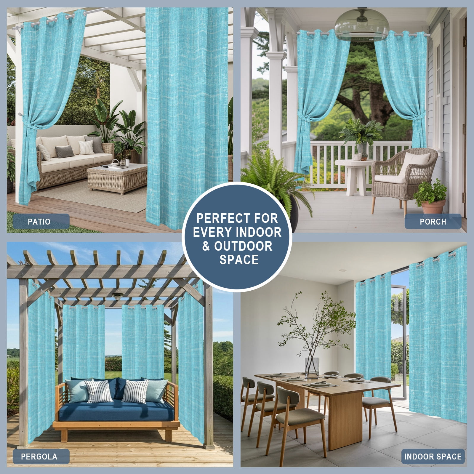Teal Blue Outdoor Curtains for Patio, Abstract Modern Farmhouse Solid Color Sunshade Privacy Drapes Grommet Waterproof Outside Curtains for Porch/Cabana/Balcony 54"x 95", 2 Panel