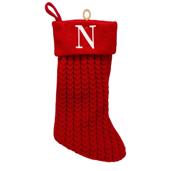 Cable Knit Monogram "N" Christmas Stocking, Red and White, 18", by Holiday Time