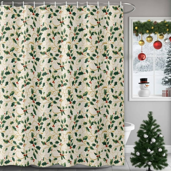 Winter Christmas Shower Curtains for Bathroom, Holly Berry Plants Leaves Linen Grain Waterproof Fabric Shower Curtain for Bathroom Bathtub Decoration, Machine Washable, 72"x84"