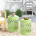 thumbnail image 4 of Side Table Set of 2, 2 Size Barrel Iron End Tables Living Room, Lace-cut Design Accent Table No Assembly Required,  13.75” W x 13.75” D x 18.00” H & 12.00” W x 12.00” D x 16.00” H, Green, 4 of 9